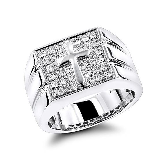 14K White Gold Mens Diamond Cross Ring by LUXURMAN