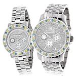 His and Hers White Blue Yellow Diamond Watch Set 5.25ct Luxurman Stainless Steel 1