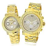 Large New His and Hers Yellow Gold Plated Luxurman Real Diamond Watch Set 0.55ct 1