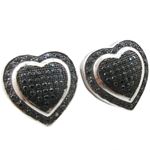 Womens .925 sterling silver Black and white heart earring 5mm thick and 14mm wide Size 1