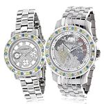 Matching Unique His and Hers Luxurman White Yellow Blue Diamond Watch Set 6.25ct 1