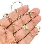 14K 3 TONE Gold HOLLOW ROSARY Chain - 28 Inches Long 3.9MM Wide 3