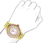 Yellow Gold Plated Ladies Real Diamond Pink Watch 0.25ct Luxurman Steel Band 3