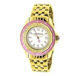 Luxurman Womens Geniune Diamond Watch 0.25ct Yellow Gold Plated Large Steel Band 1