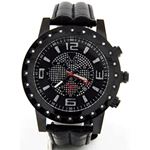 Mens Black Chrono Dial Black Leather Quartz Diamon