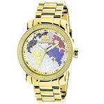 Luxurman World Map Mens Genuine Diamond Watch Yellow Gold Plated 0.12ct 1