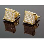 .925 Sterling Silver Yellow Square White Crystal Micro Pave Unisex Mens Stud Earrings 1