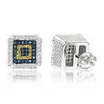 "Square Diamond Earrings Studs Yellow Blue Diamonds (0.3 Ctw