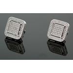 .925 Sterling Silver White Square White Crystal Micro Pave Unisex Mens Stud Earrings 1