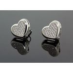 .925 Sterling Silver White Heart White Crystal Micro Pave Unisex Mens Stud Earrings 1