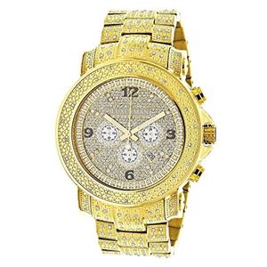 Men's Round Iced Out Diamond Watch - Brilliant Crystals, Bling Dial, Iced  Bezel - Fully Iced Out Band with Adjustable Sizing - 14k Gold Finish 