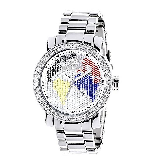 World Map Mens Real Diamond Watch 0.12ct Interchangeable Straps by Luxurman 1