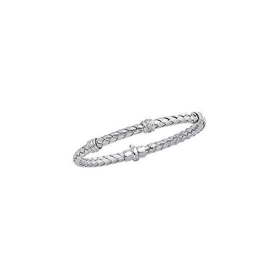 Silver Rhodium Finish 4.8mm Shiny Basketweave 0.08ct White Diamond Three Rings with Fancy Clasp