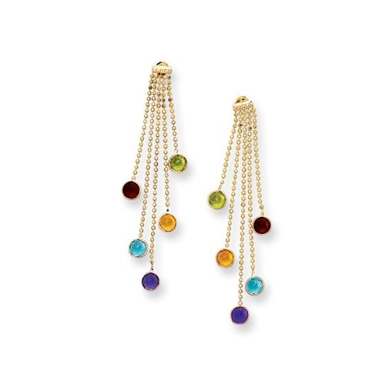 14K Yellow Gold Diamond Cut 5 Strand Bead Chain Drop Earring with 5 Multi Color Round Stone