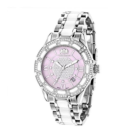 White Leather Ceramic Womens Real Diamond Watch 1.25ct Pink MOP Luxurman Galaxy 1