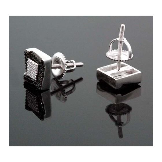 .925 Sterling Silver White Square White and Black Onyx Crystal Micro Pave Unisex Mens Stud Earrings 