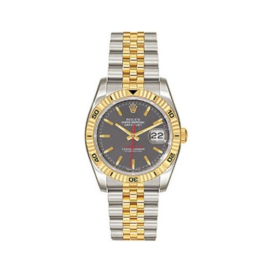 Rolex Datejust Grey Index Dial 18k Yellow Gold Turn-o-Graph Bezel Jubilee Bracelet Mens Watch 116263