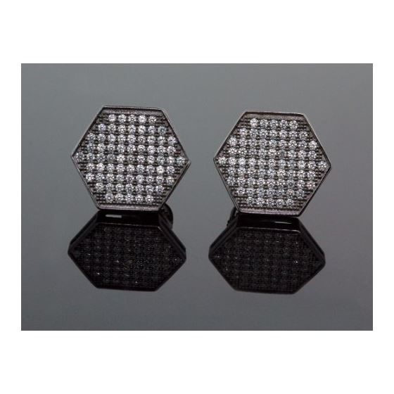 .925 Sterling Silver Black Hexagon White Crystal Micro Pave Unisex Mens Stud Earrings 13mm