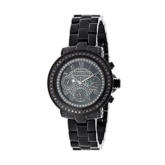 Luxurman Oversized Womens Black Genuine Diamond Watch 2.15ct Black MOP 1