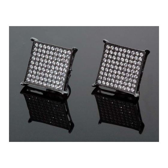 .925 Sterling Silver Black Square White Crystal Micro Pave Unisex Mens Stud Earrings 1