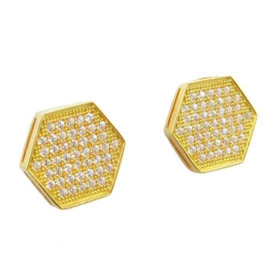 Mens .925 sterling silver Yellow hexagon earring 1 MLCZ216 3mm thick and 12mm wide Size 1