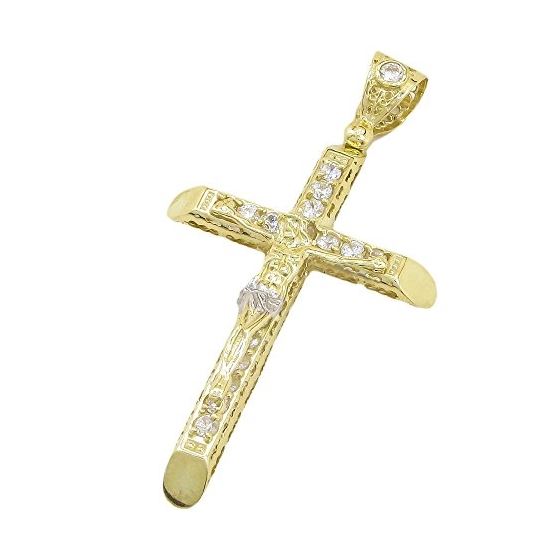 Mens 10k Yellow Gold Jesus cross with stones Pendant 1