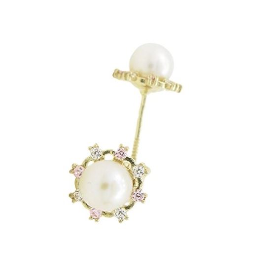 14K Yellow gold Round pearl fancy cz stud earrings for Children/Kids web521 1