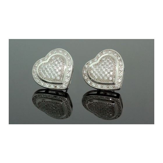 .925 Sterling Silver White Heart White Crystal Micro Pave Unisex Mens Stud Earrings 1