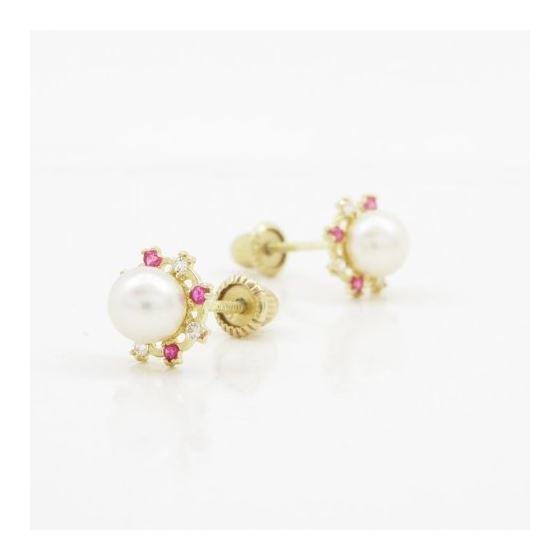14K Yellow gold Round pearl fancy cz stud earrings for Children/Kids web523 3