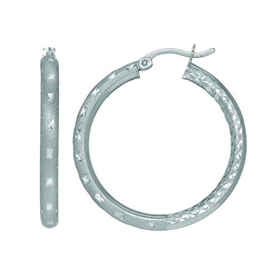 Ladies White Rhodium Silver Textured Hoop Earring AGWE460