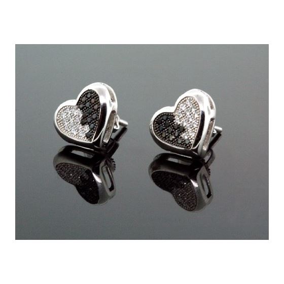 .925 Sterling Silver White Heart White and Black Onyx Crystal Micro Pave Unisex Mens Stud Earrings 1