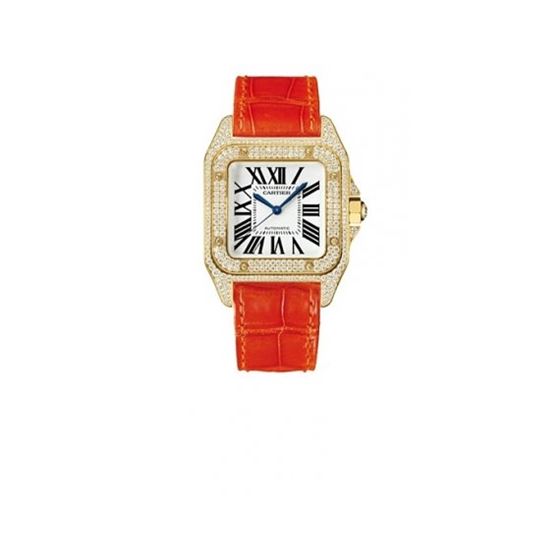 Cartier Santos 100 Diamond 18kt Yellow Gold Orange Ladies Watch WM502051