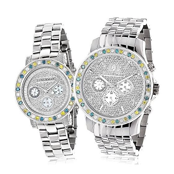 His and Hers White Blue Yellow Diamond Watch Set 5.25ct Luxurman Stainless Steel 1