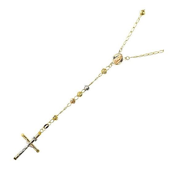 10K 3 TONE Gold HOLLOW ROSARY Chain - 28 Inches Long 5MM Wide 1