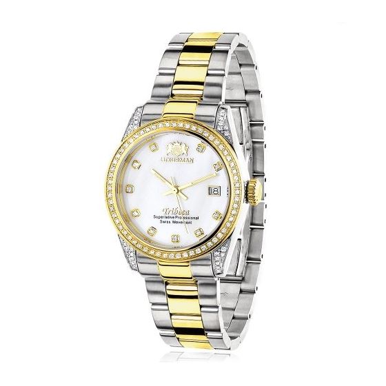 Ladies Luxurman Tribeca Two Tone Genuine Gold Plated Real Diamond Watch 1.5ct 1