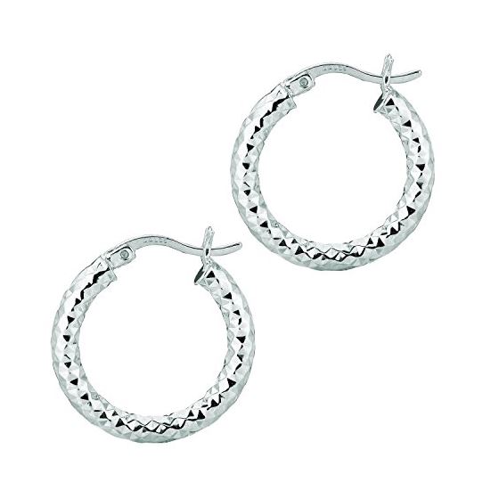 Ladies White Rhodium Silver Diamond Cut Hoop Earring AGE560