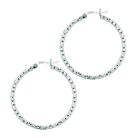 Ladies White Rhodium Silver Diamond Cut Hoop Earring AGE558