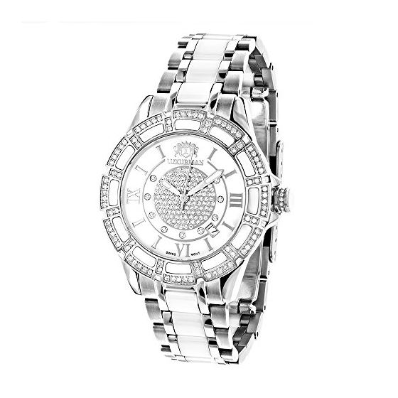 Ladies Genuine Diamond Ceramic Watch 1.25ct White MOP Galaxy by Luxurman 1