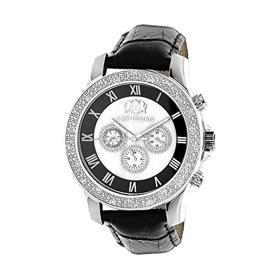 Luxurman Watches Mens Diamond Watch 0.25ct Freeze Black Genuine Leather Strap 1