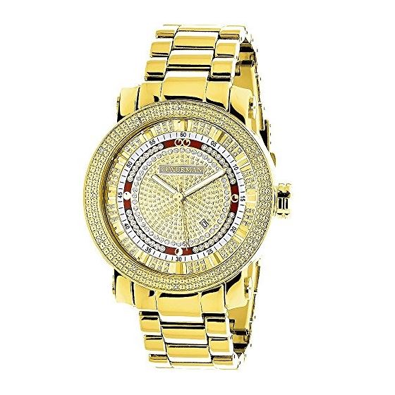 Unique Large Mens Real Diamond Watch 18k Yellow Gold Plated 0.12ct by Luxurman 1