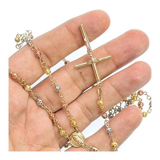 10K 3 TONE Gold HOLLOW ROSARY Chain - 28 Inches Long 4.1MM Wide 3