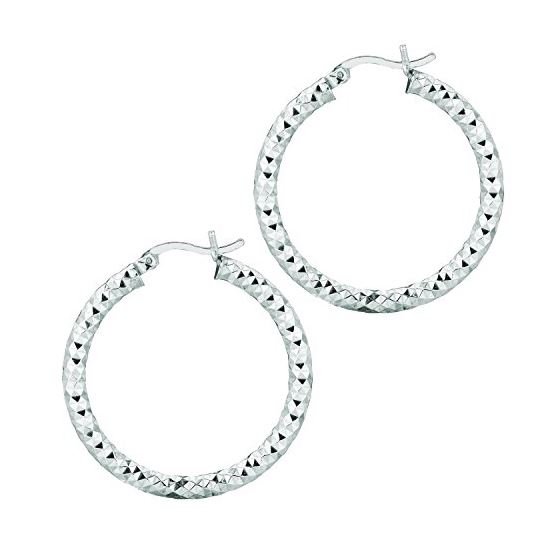 Ladies White Rhodium Silver Diamond Cut Hoop Earring AGE562