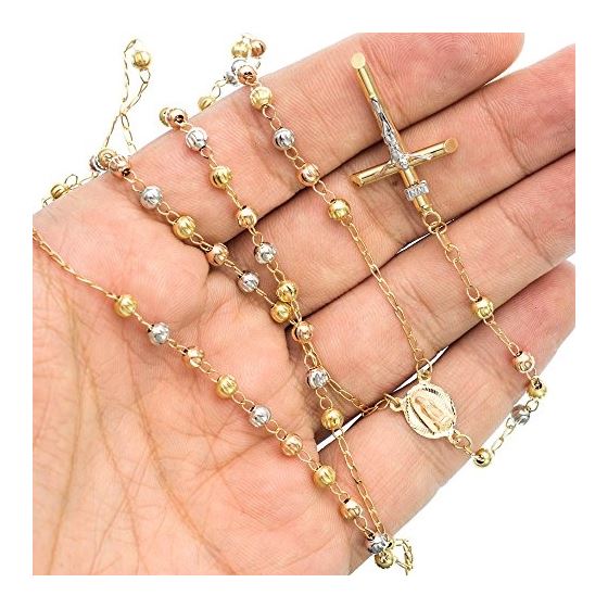 14K 3 TONE Gold HOLLOW ROSARY Chain - 28 Inches Long 4.04MM Wide 3