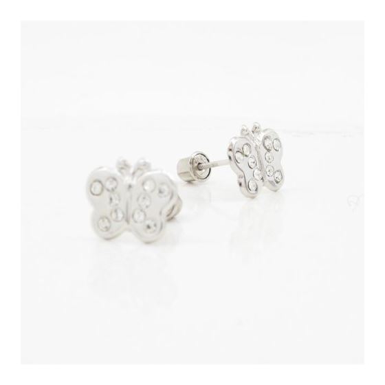 14K White gold Thin butterfly cz stud earrings for Children/Kids web413 3