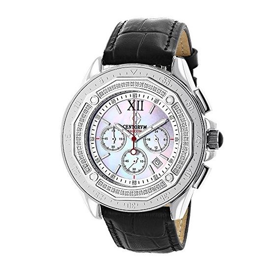 Mens Falcon Genuine Diamond Bezel Watch by Centorum 0.55ct Chronograph White MOP 1