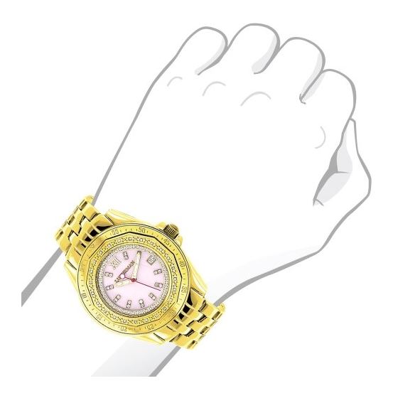Luxurman Yellow Gold Plated Ladies Real Diamond Watch 0.25ct Pink MOP Dial 3