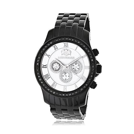 Luxurman Watches: Phantom Black Genuine Diamond Watch for Men 2.25ct Steel Band 1