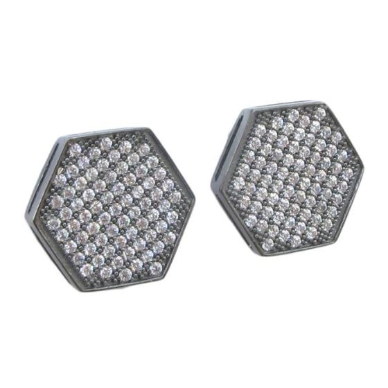 Mens .925 sterling silver Black and white hexagon earring 2 MLCZ224 3mm thick and 14mm wide Size 1