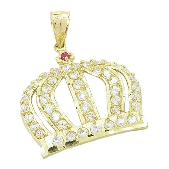 Mens 10k Yellow gold White and red gemstone crown charm EGP83 1