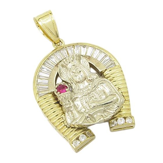 Mens 10k Yellow gold Red and white gemstone mary horse shoe charm EGP42 1